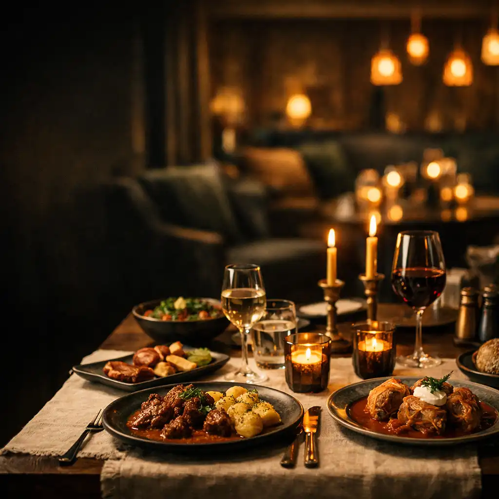 Melegen megvilágított, elegáns vacsoraasztal egy sötét gastro lounge terében