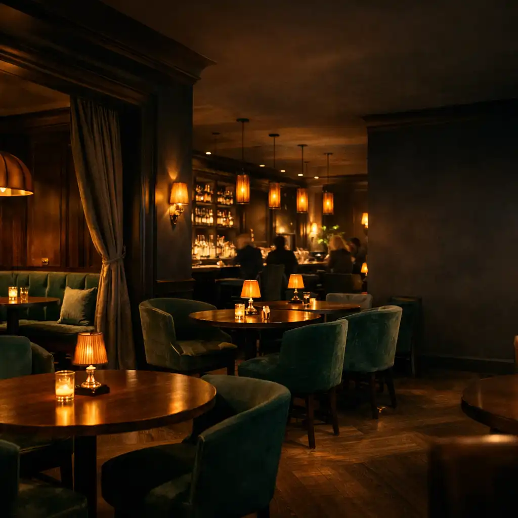 Sötét tónusú, modern gastro lounge enteriőr meleg lámpafénnyel és intim asztalokkal