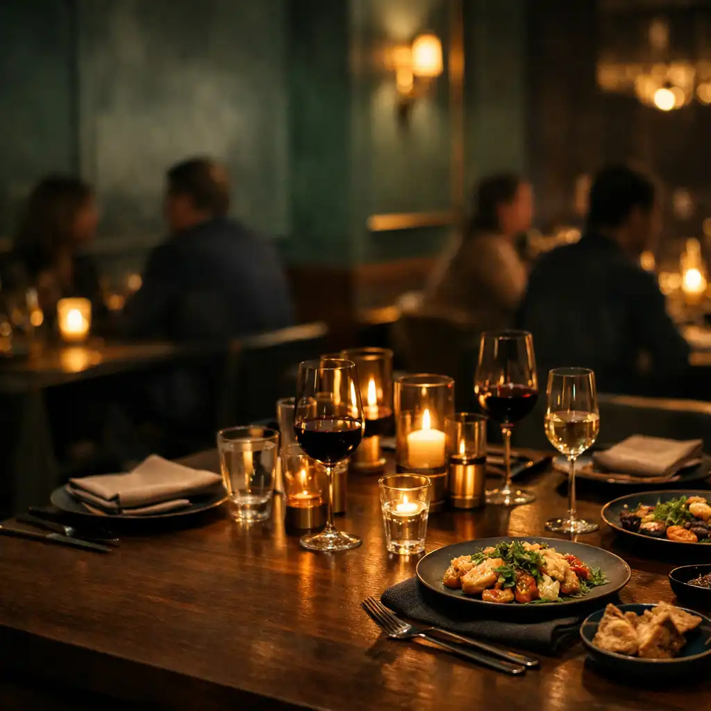 Gyertyafényes, gondosan terített vacsoraasztal modern gastro lounge enteriőrben