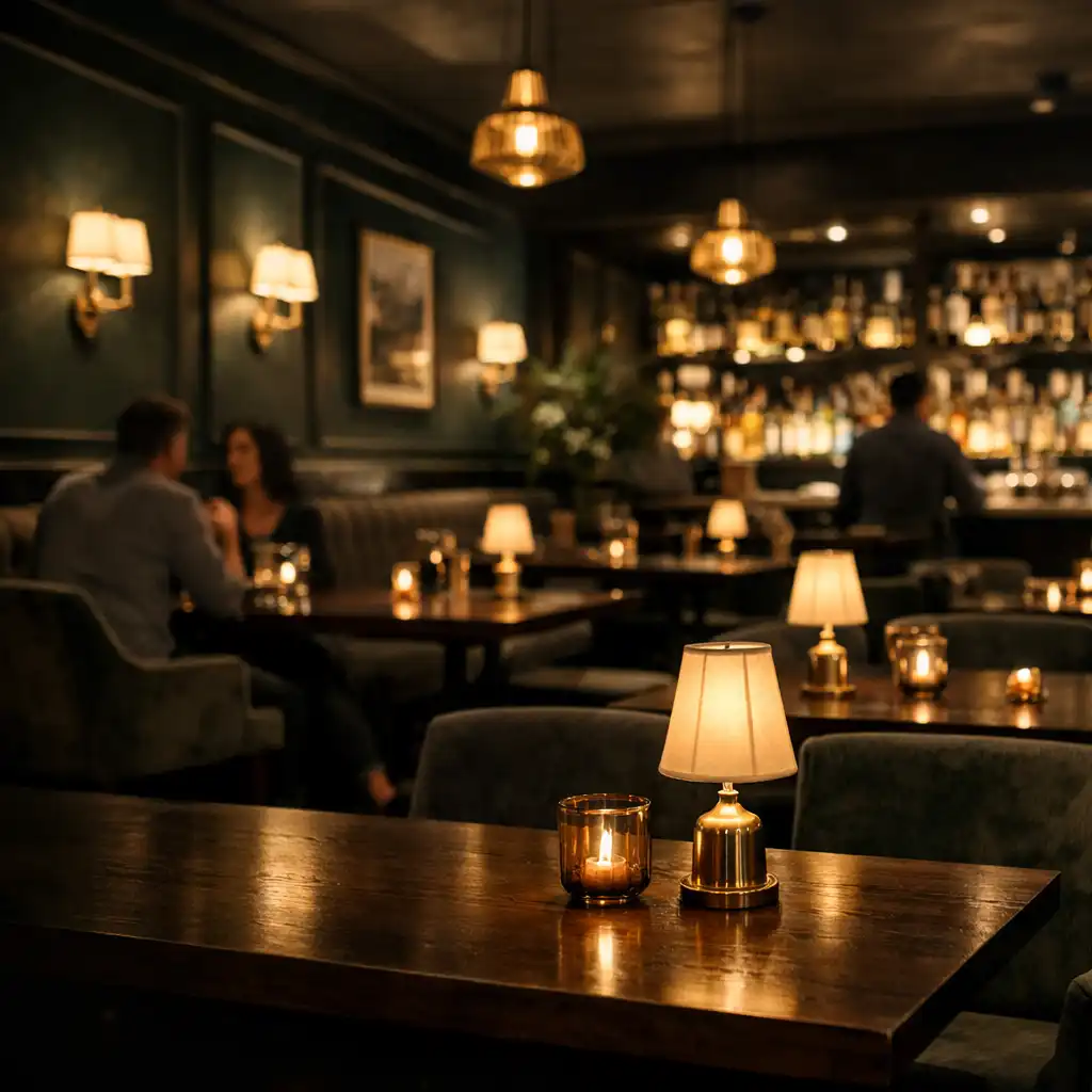 Meleg fényű, elegáns gastro lounge enteriőr este