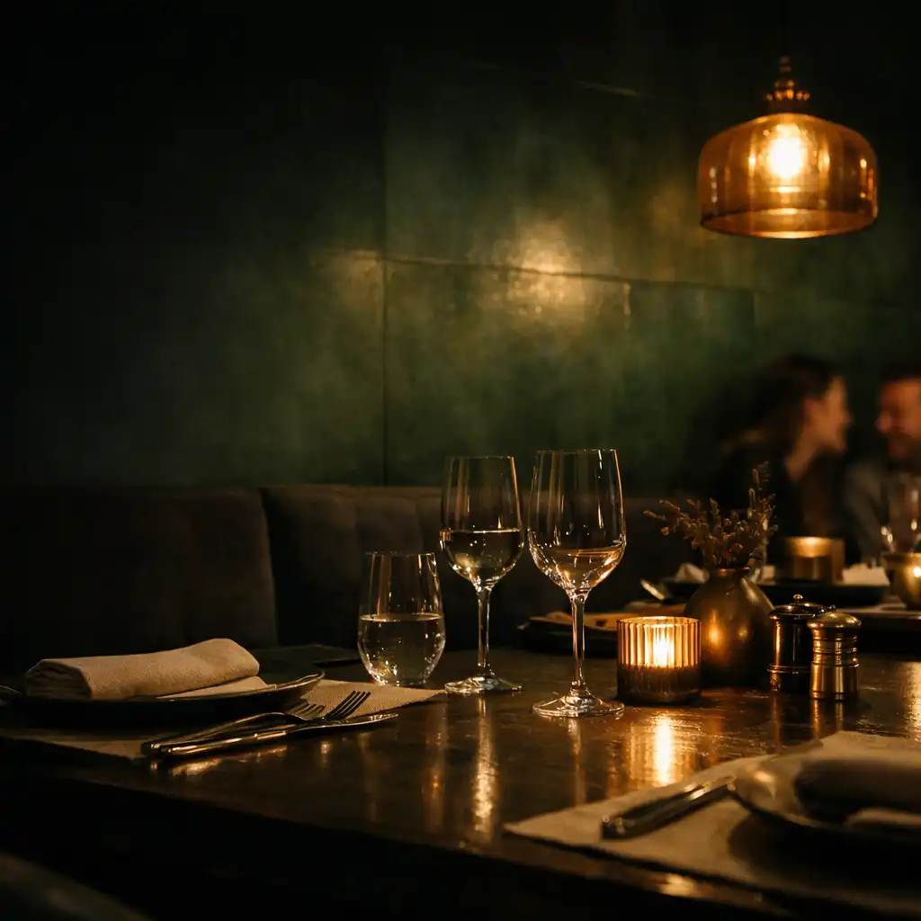 Meleg fényű, esti Izesotthon gastro lounge enteriőr terített asztallal